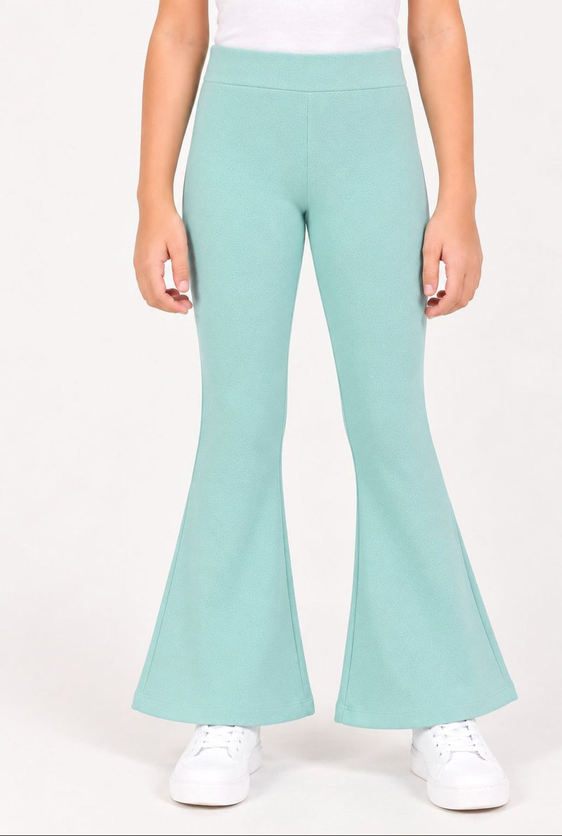 Spunkies Girls Light Green Textured Floral Elasticated Waist Flared Leggings