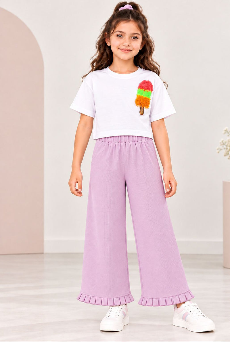 Spunkies Girls Purple Solid Elasticated Waist Trousers