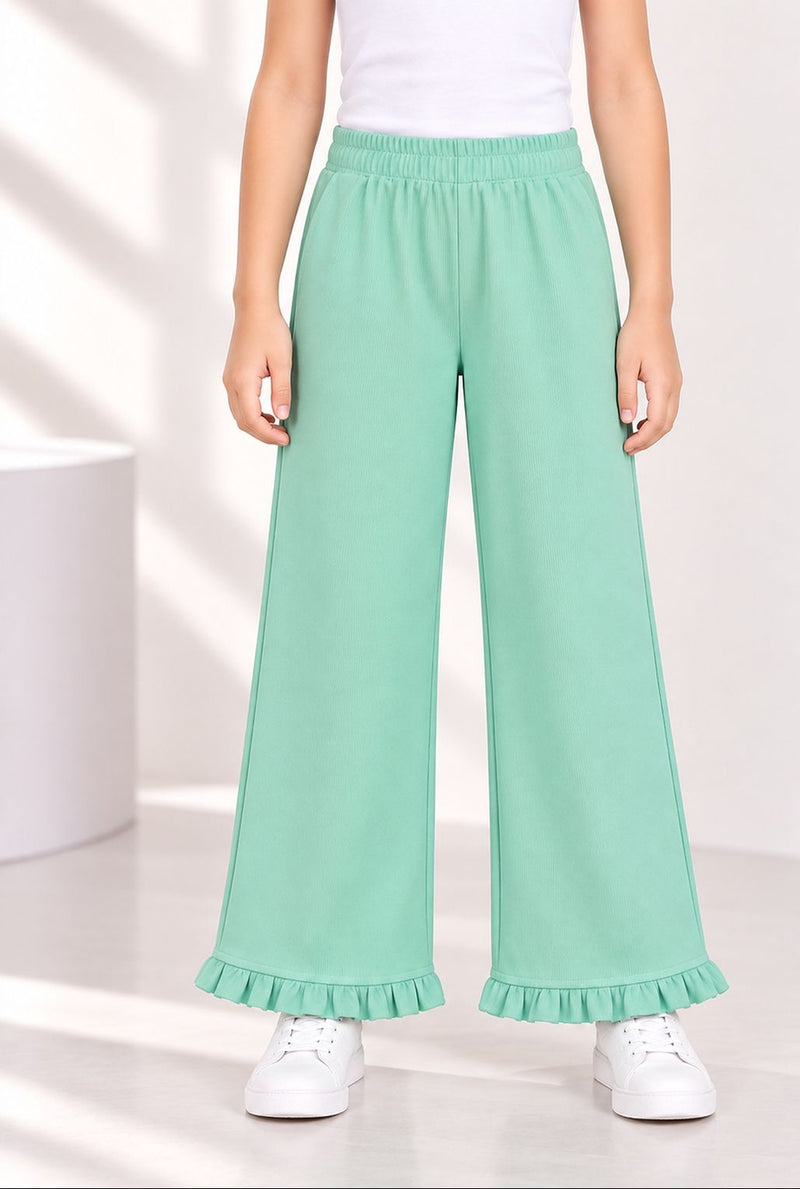 Spunkies Girls Green Solid Elasticated Waist Trousers