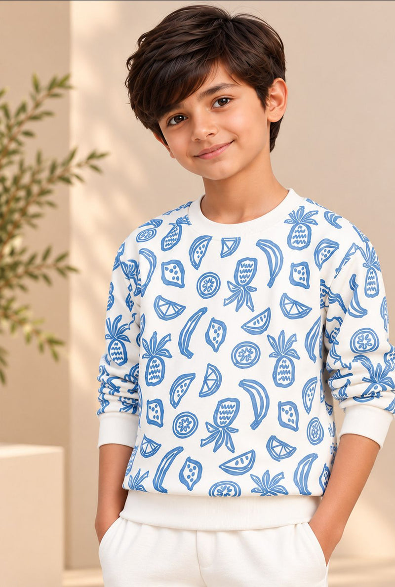 Spunkies Boys White Long Sleeve Printed Sweatshirt Set