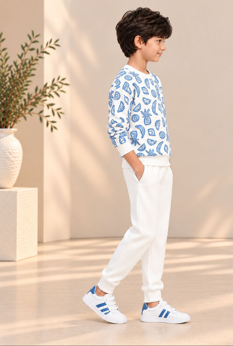Spunkies Boys White Long Sleeve Printed Sweatshirt Set