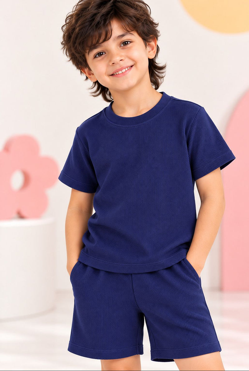 Spunkies Boys Navy Blue Solid Crew Neck Short Sleeves T-Shirt and Shorts Set