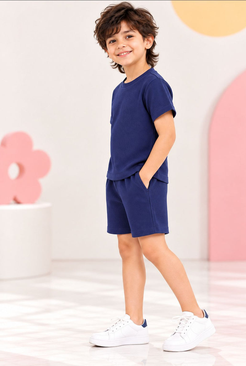 Spunkies Boys Navy Blue Solid Crew Neck Short Sleeves T-Shirt and Shorts Set