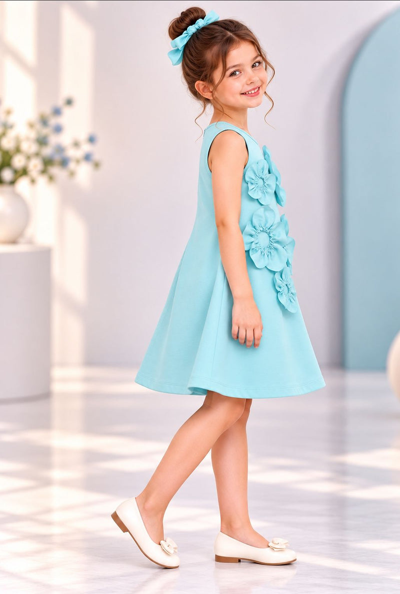 Spunkies Aqua Sleeveless 3D Floral Dress