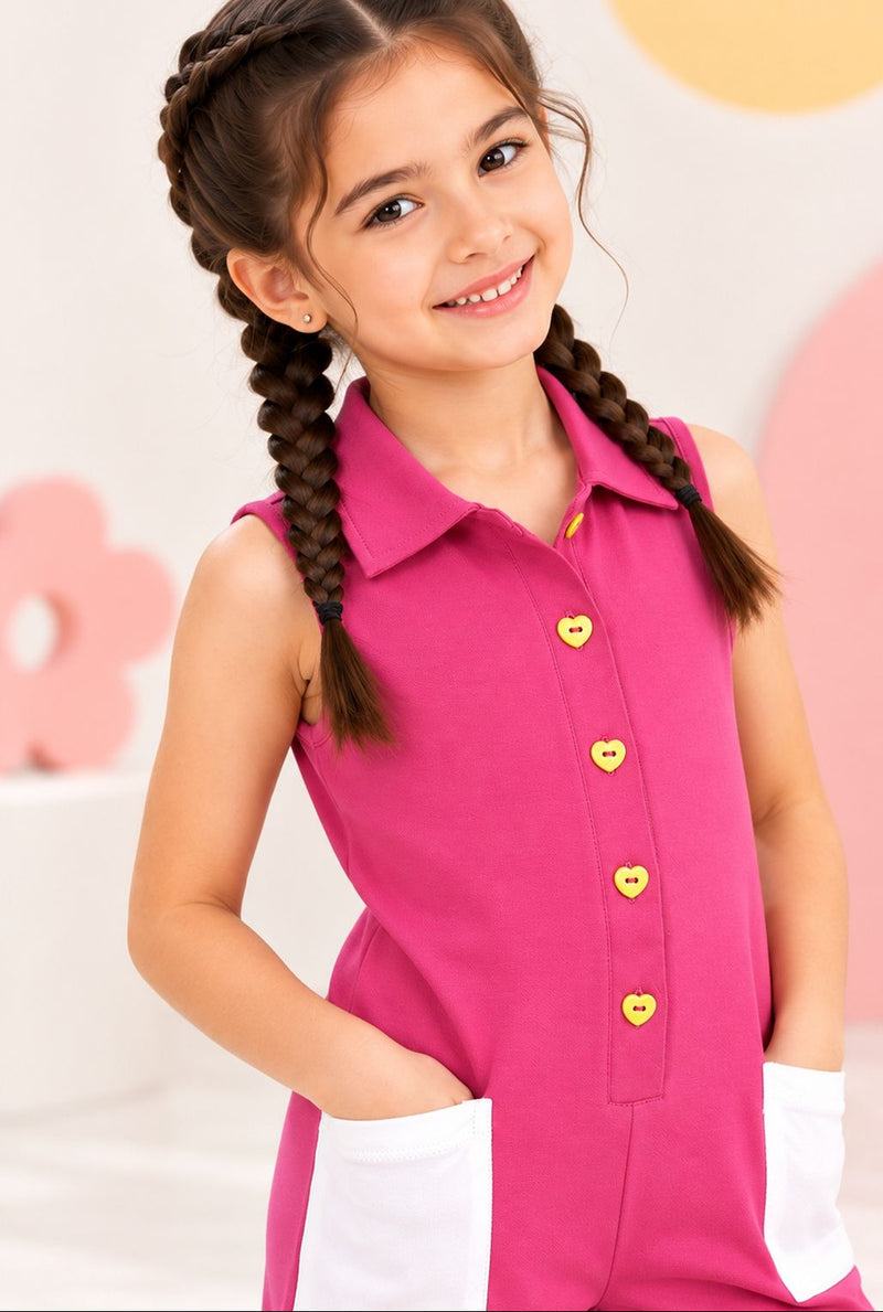 Spunkies Pink Girls Color-Blocked Spread Collar Sleeveless Jumpsuit