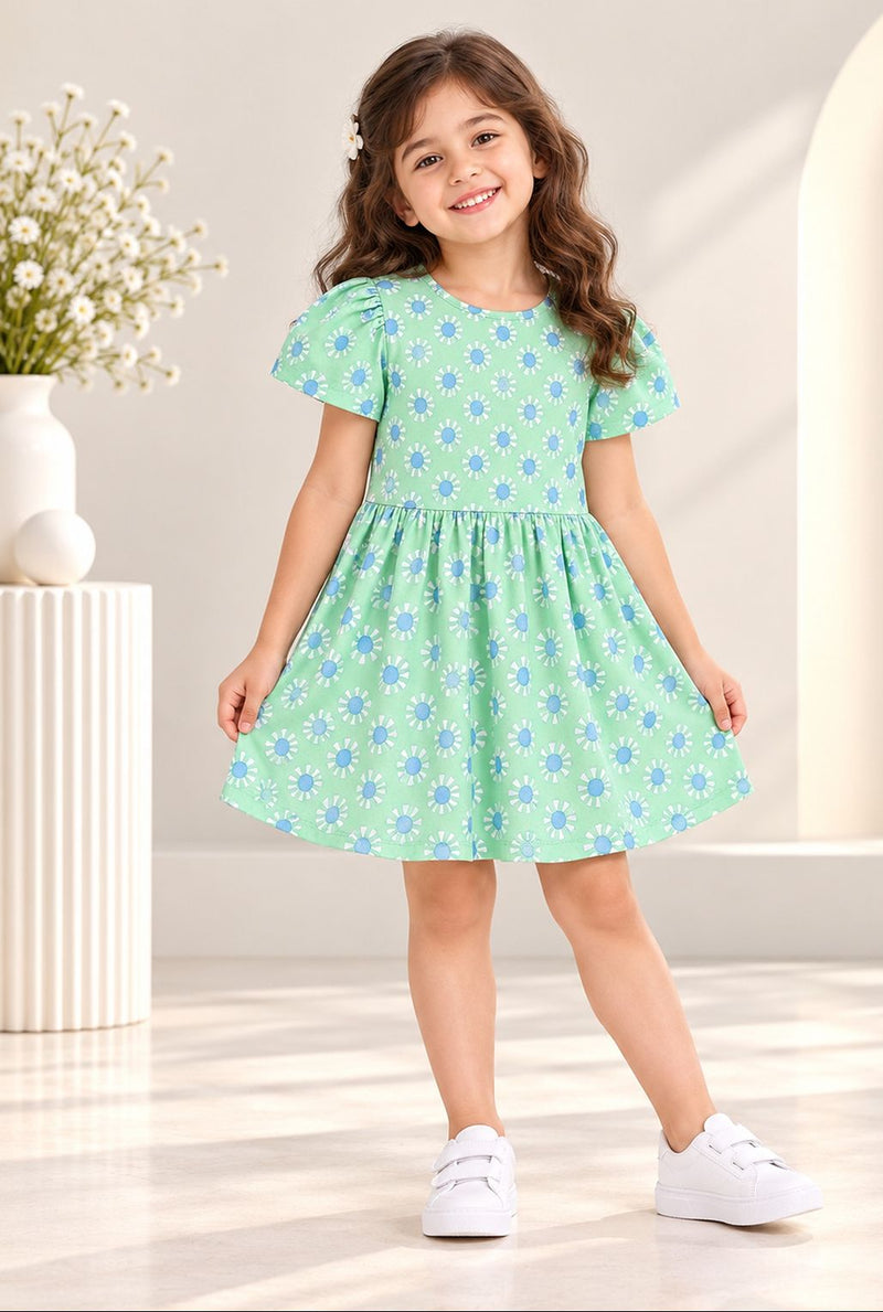Spunkies Green Girls Round Neck Short Sleeves Fit & Flare Dress
