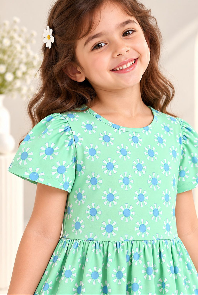 Spunkies Green Girls Round Neck Short Sleeves Fit & Flare Dress
