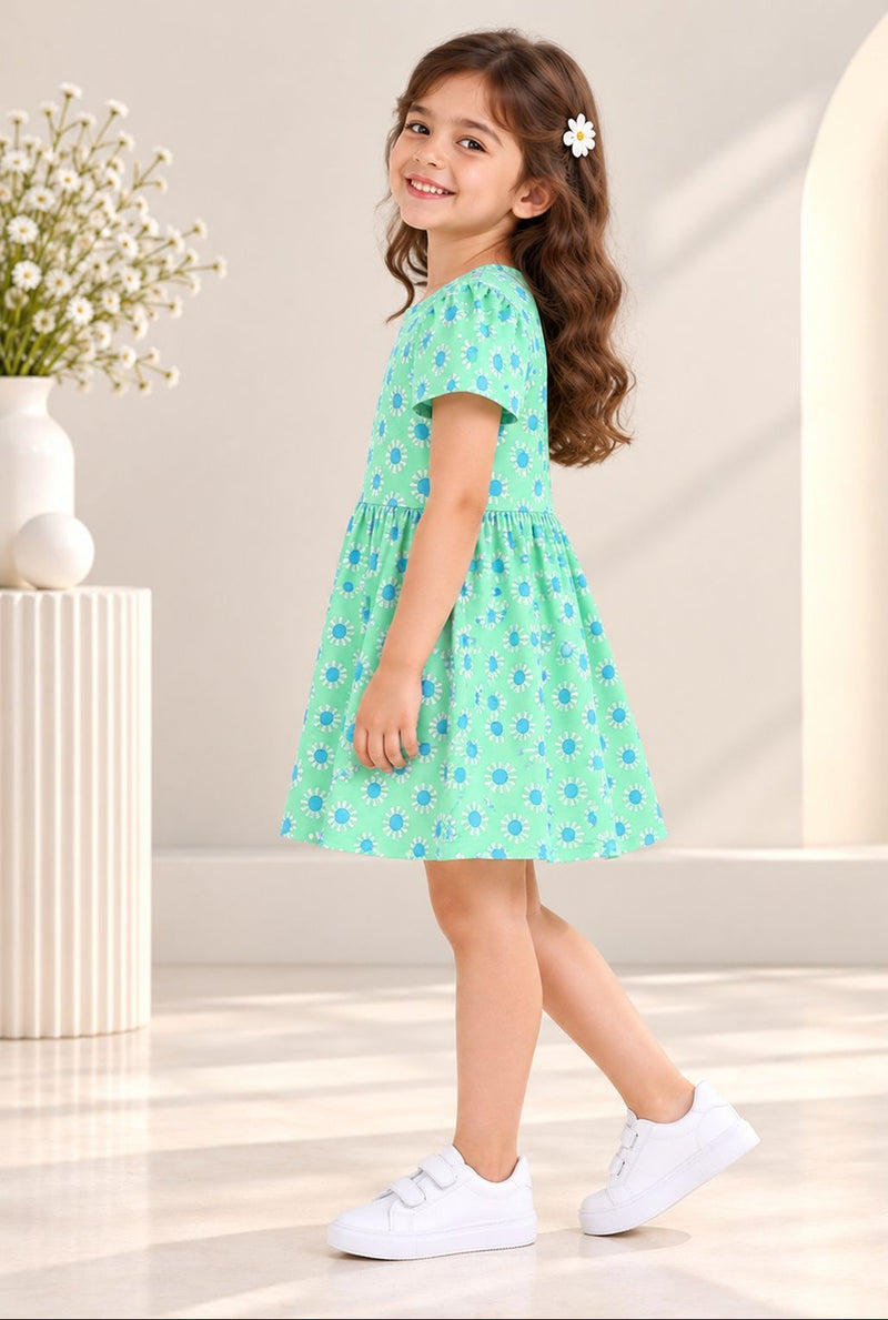 Spunkies Green Girls Round Neck Short Sleeves Fit & Flare Dress