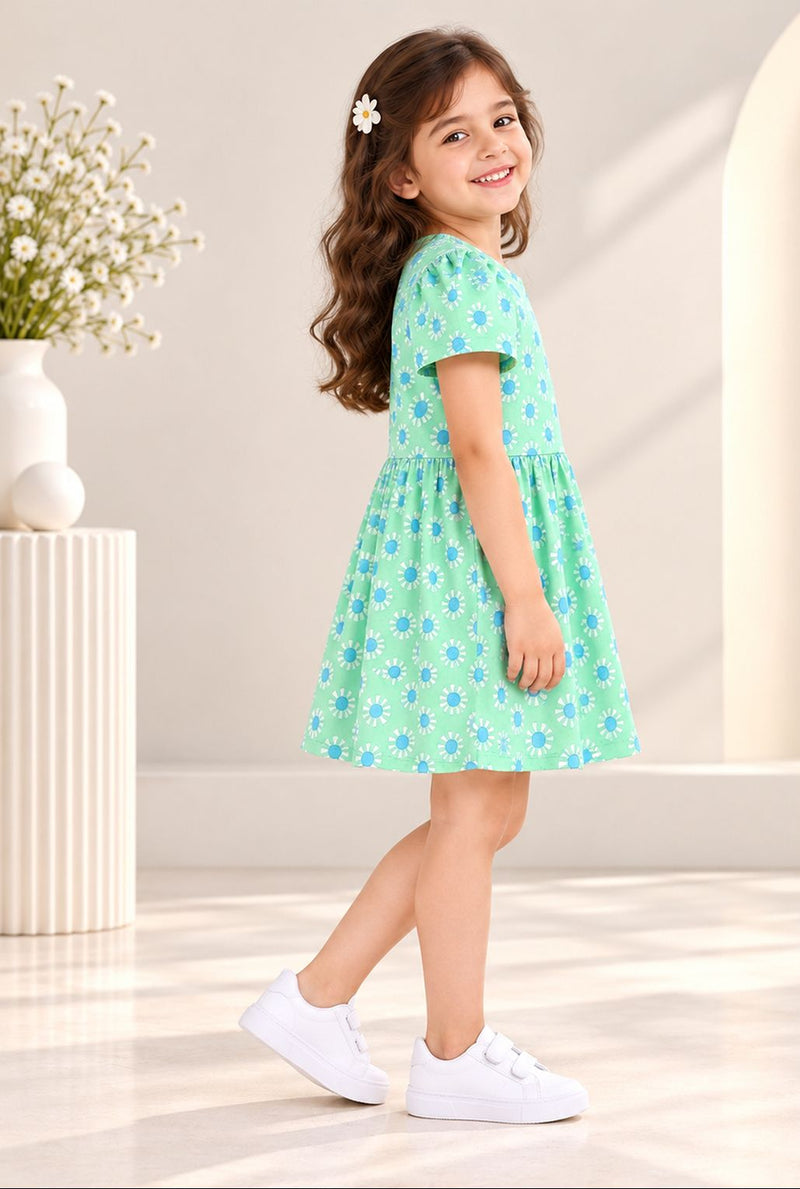 Spunkies Green Girls Round Neck Short Sleeves Fit & Flare Dress