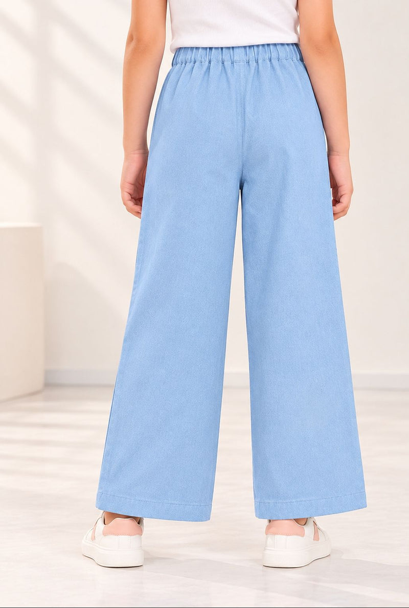 Spunkies Girls Blue Graphic Print Button and Zip Straight Leg Flat-Front Trousers