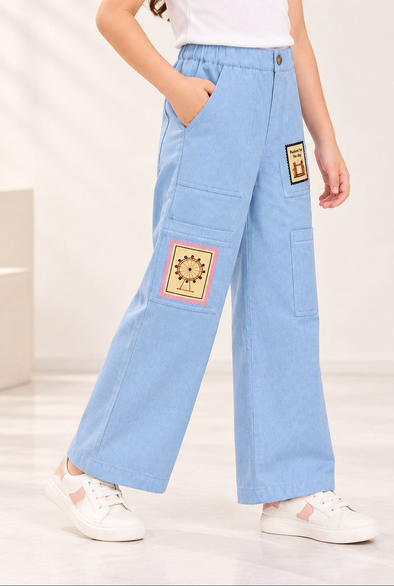 Spunkies Girls Blue Graphic Print Button and Zip Straight Leg Flat-Front Trousers