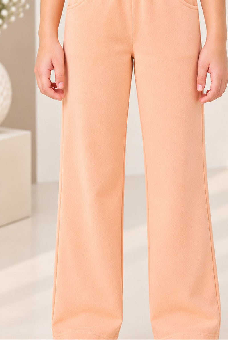 Spunkies Girls Peach Solid Elasticated Waist Single Pleated Trousers