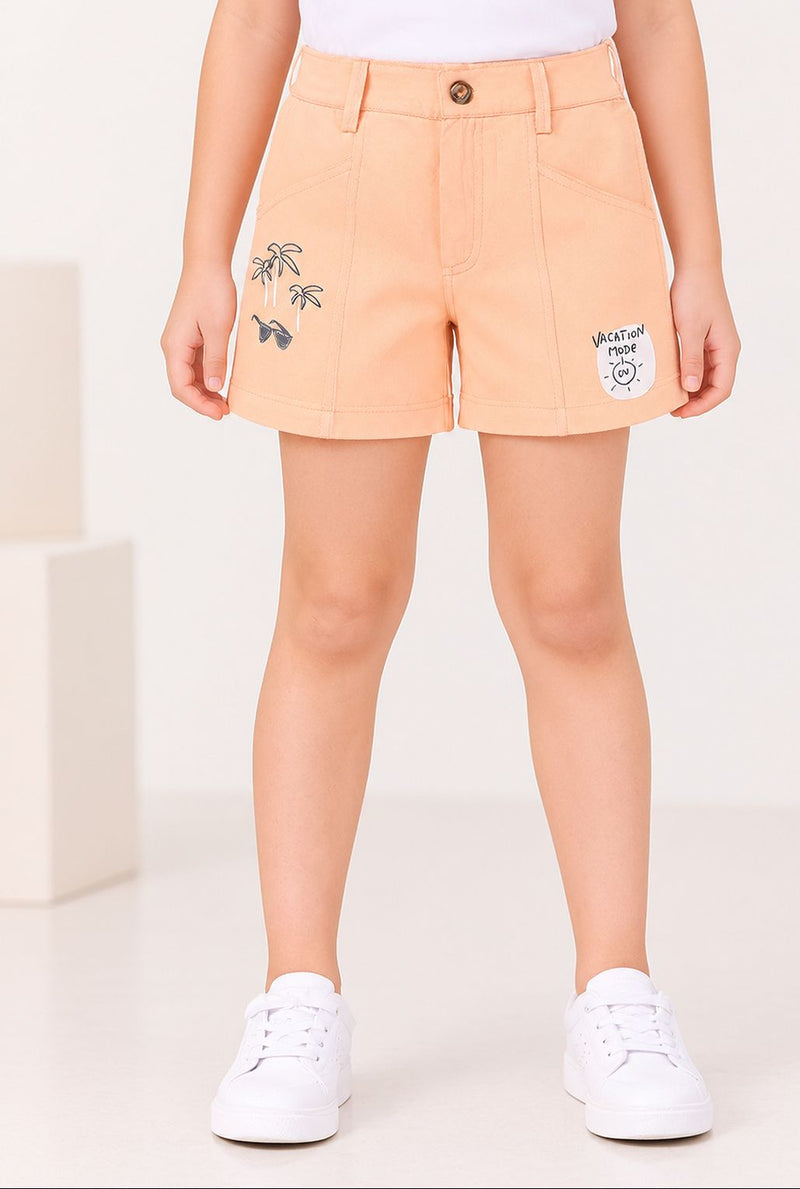 Spunkies Girls Peach Graphic Print Button and Zip Shorts