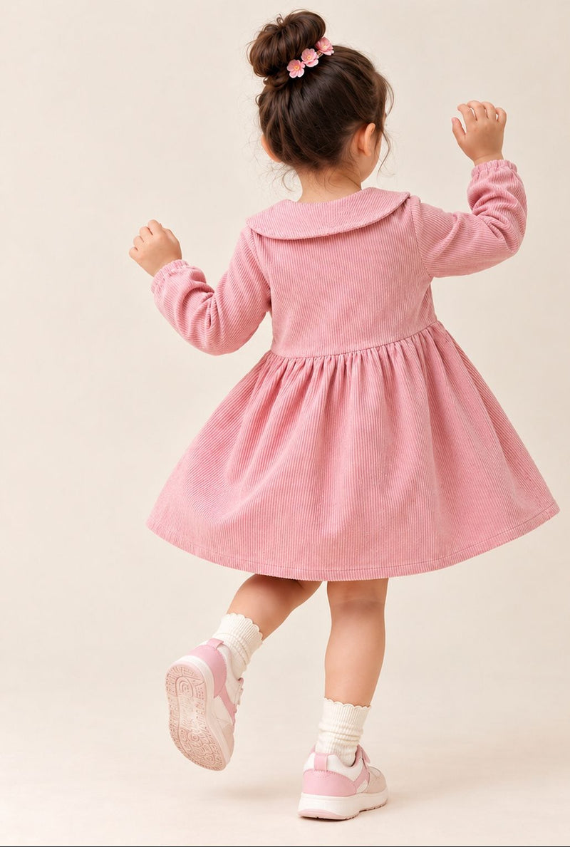 Spunkies Girls Peach Collar Neck Corduroy Rib Solid Dress