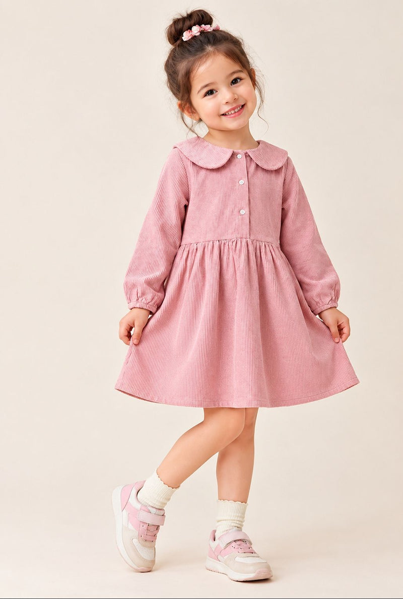 Spunkies Girls Peach Collar Neck Corduroy Rib Solid Dress