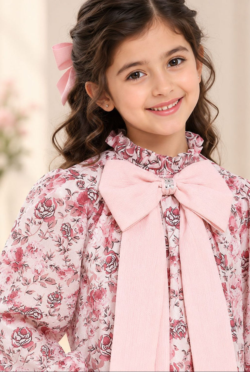Spunkies Girls Rose Pink Floral Printed Bishop Sleeves Bow Dress