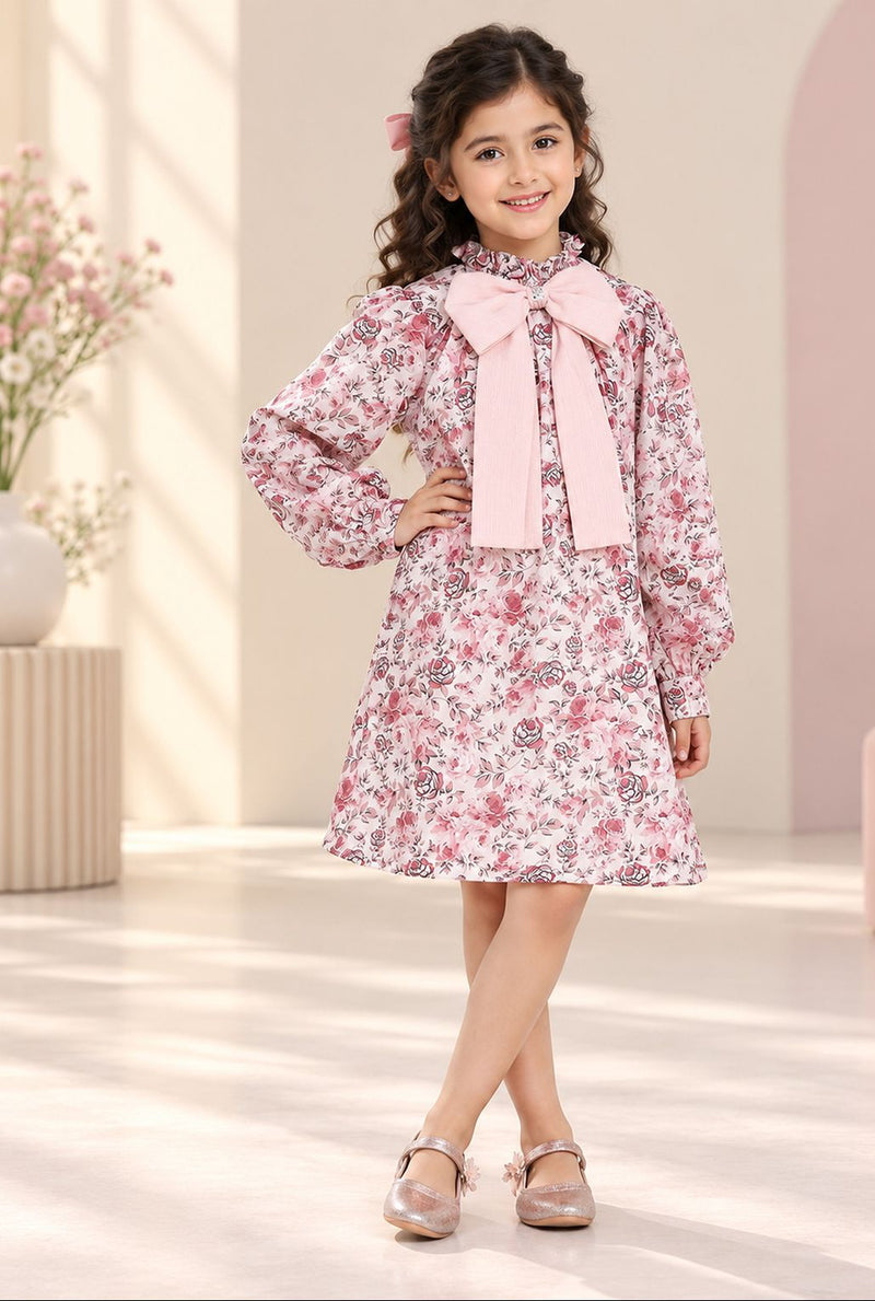 Spunkies Girls Rose Pink Floral Printed Bishop Sleeves Bow Dress