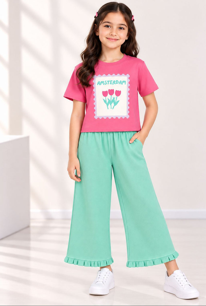 Spunkies Pink Girls Graphic Print Crew Neck Short Sleeves Top