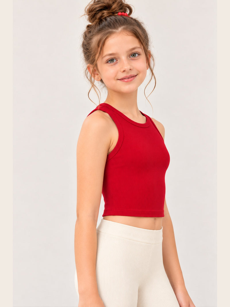 Spunkies Red Girls Solid Round Neck Sleeveless Tank Top