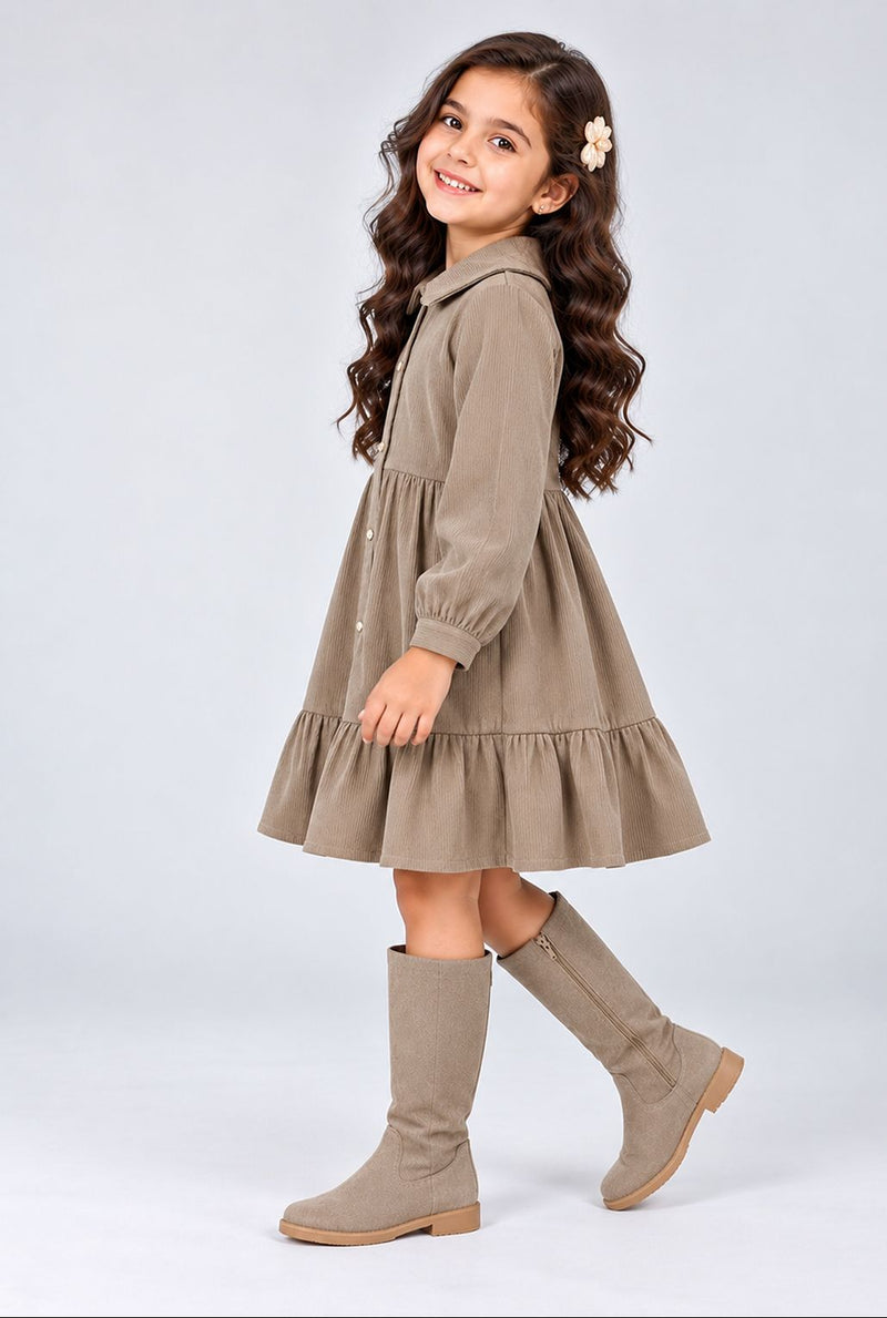 Spunkies Girl's Taupe Corduroy Full Sleeve Tiered Dress