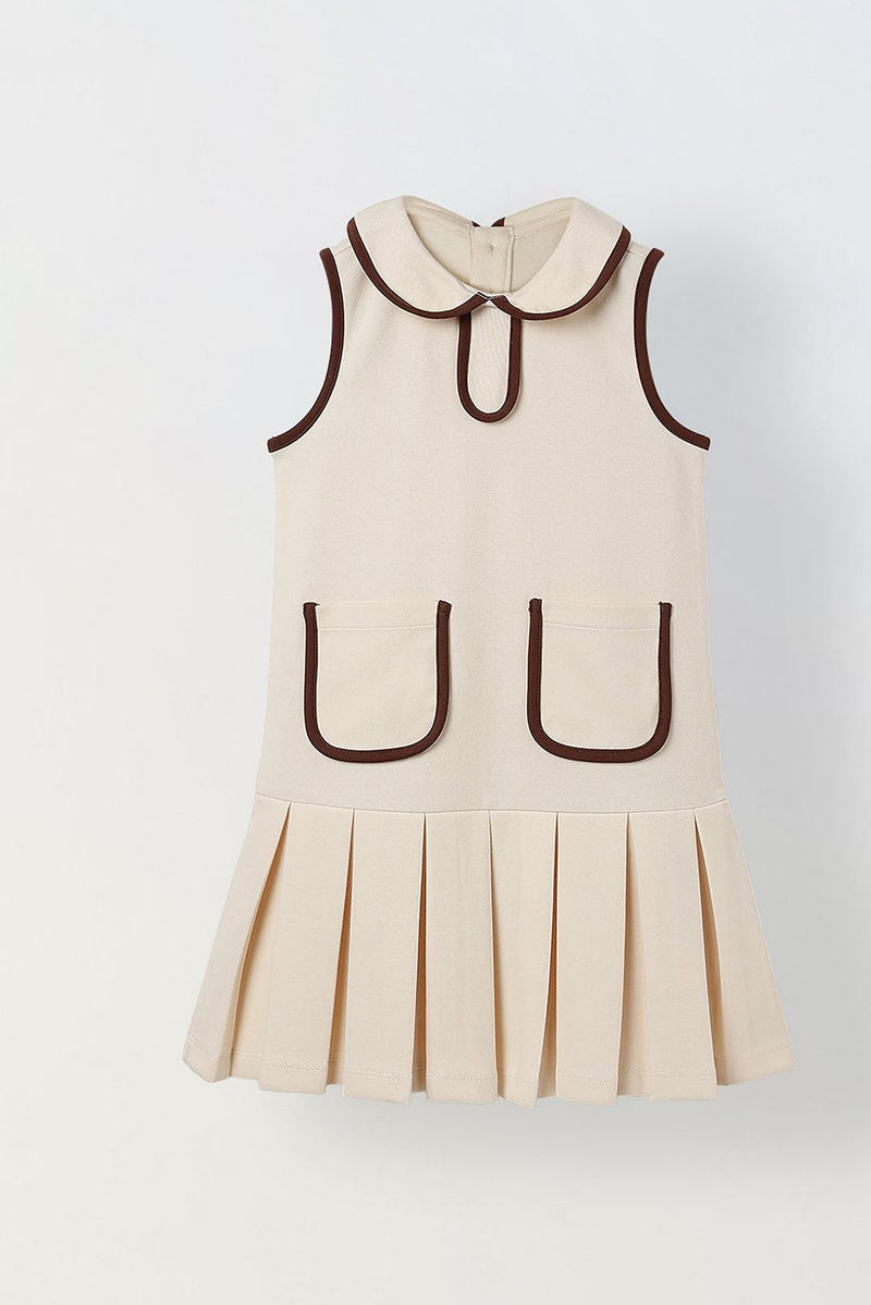 Spunkies Cream Girls Solid Peter Pan Collar Sleeveless Pleated A-Line Dress