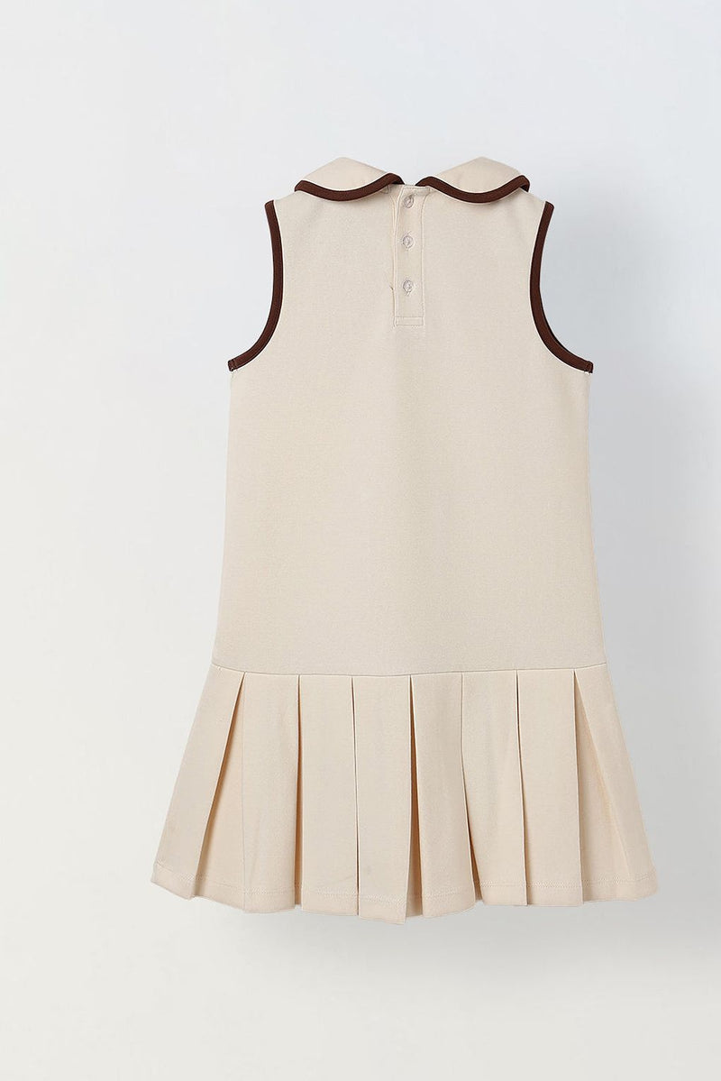 Spunkies Cream Girls Solid Peter Pan Collar Sleeveless Pleated A-Line Dress