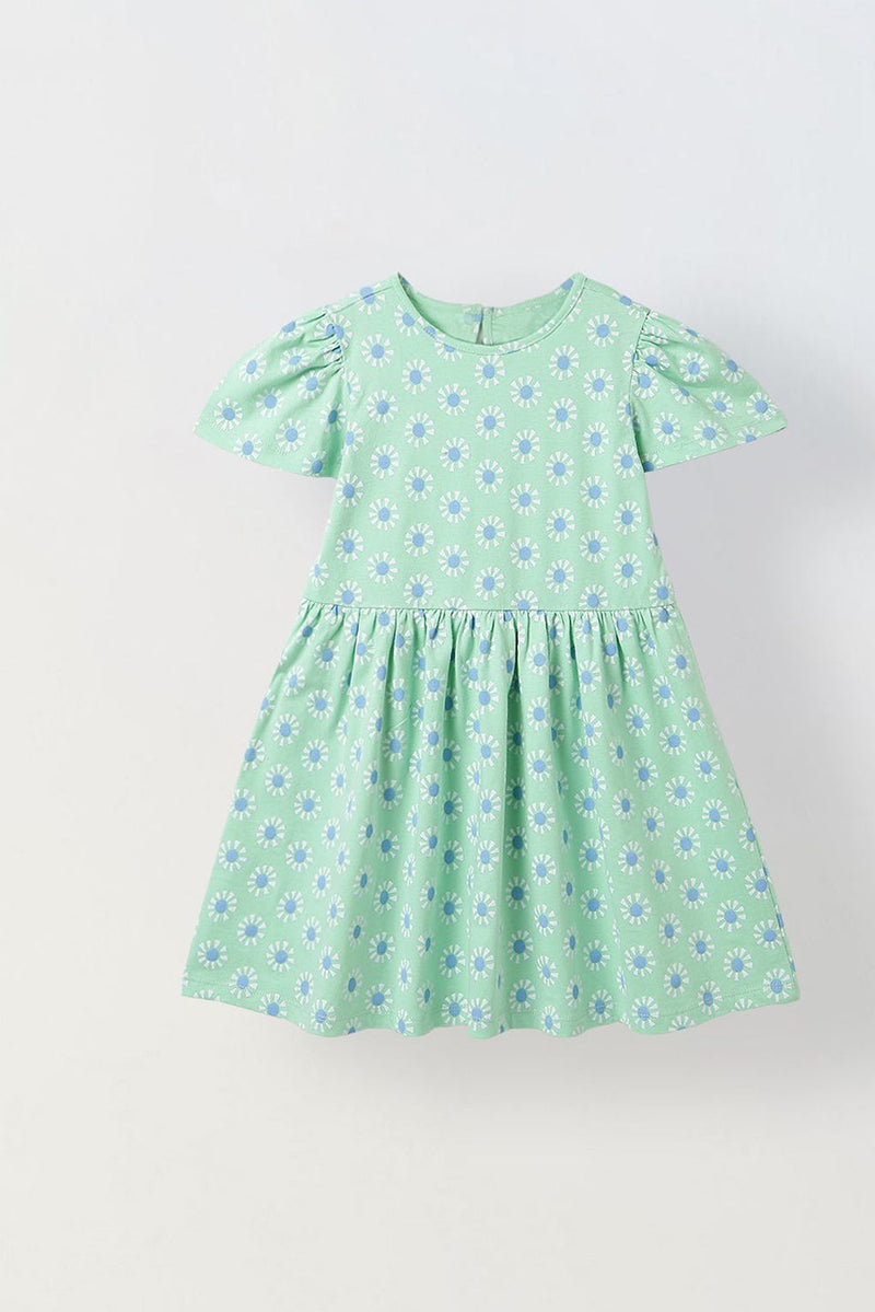 Spunkies Green Girls Round Neck Short Sleeves Fit & Flare Dress