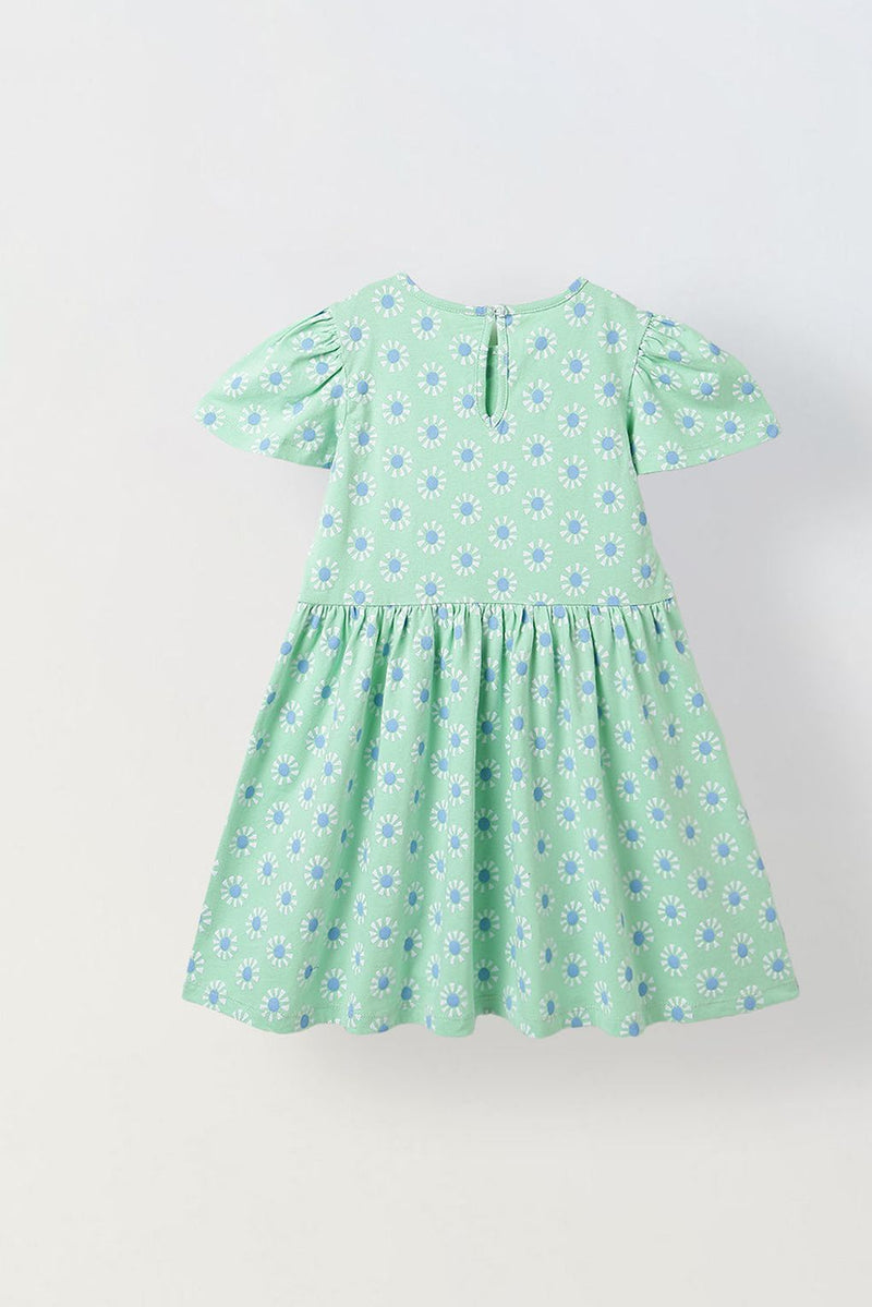 Spunkies Green Girls Round Neck Short Sleeves Fit & Flare Dress