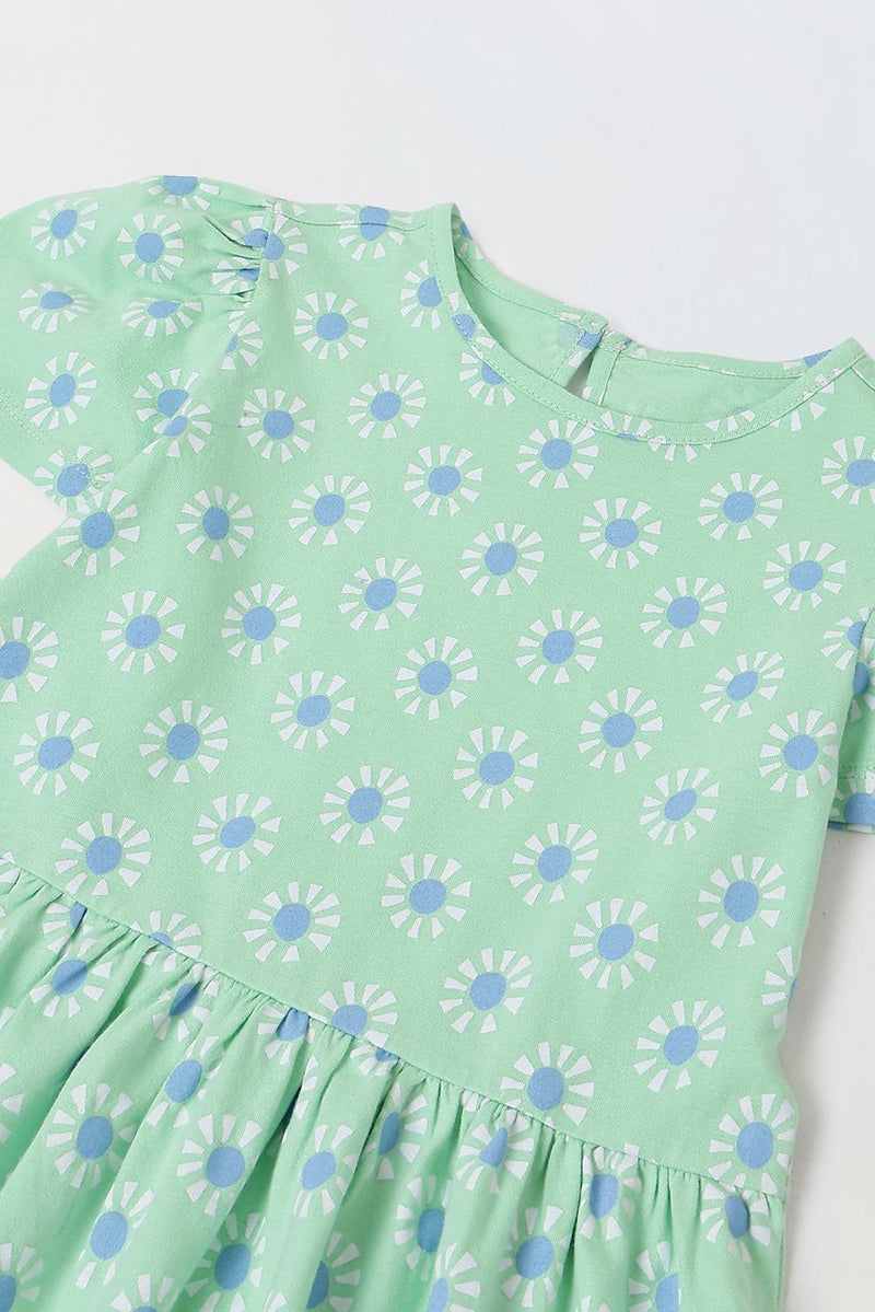 Spunkies Green Girls Round Neck Short Sleeves Fit & Flare Dress