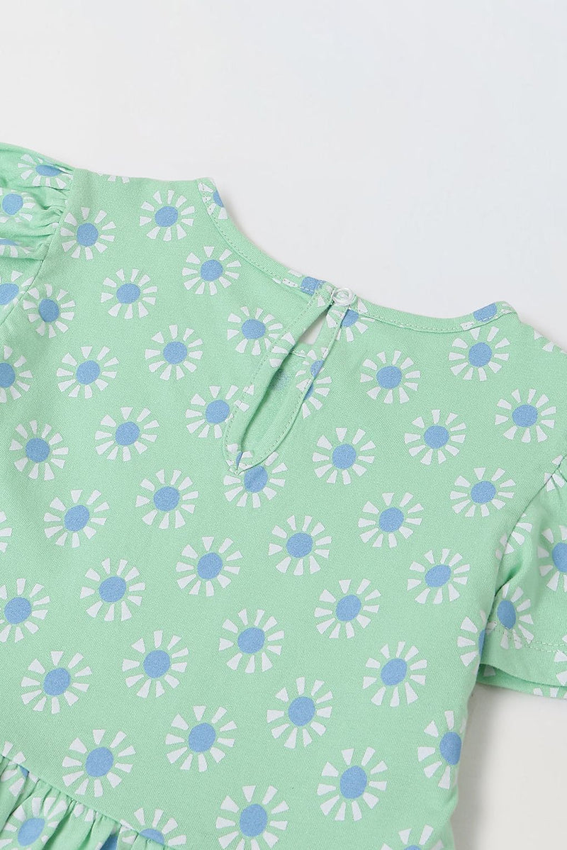 Spunkies Green Girls Round Neck Short Sleeves Fit & Flare Dress