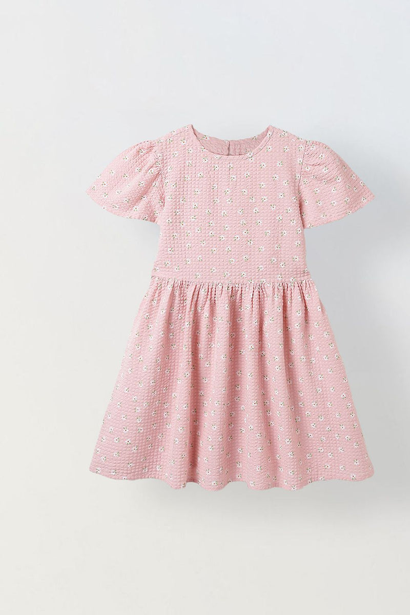 Spunkies Girls Pink Seersucker 100% Cotton Puff Sleeve Dress