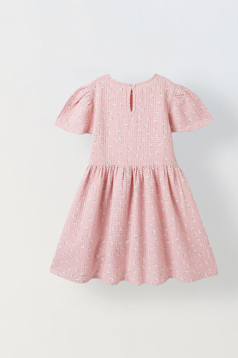 Spunkies Girls Pink Seersucker 100% Cotton Puff Sleeve Dress