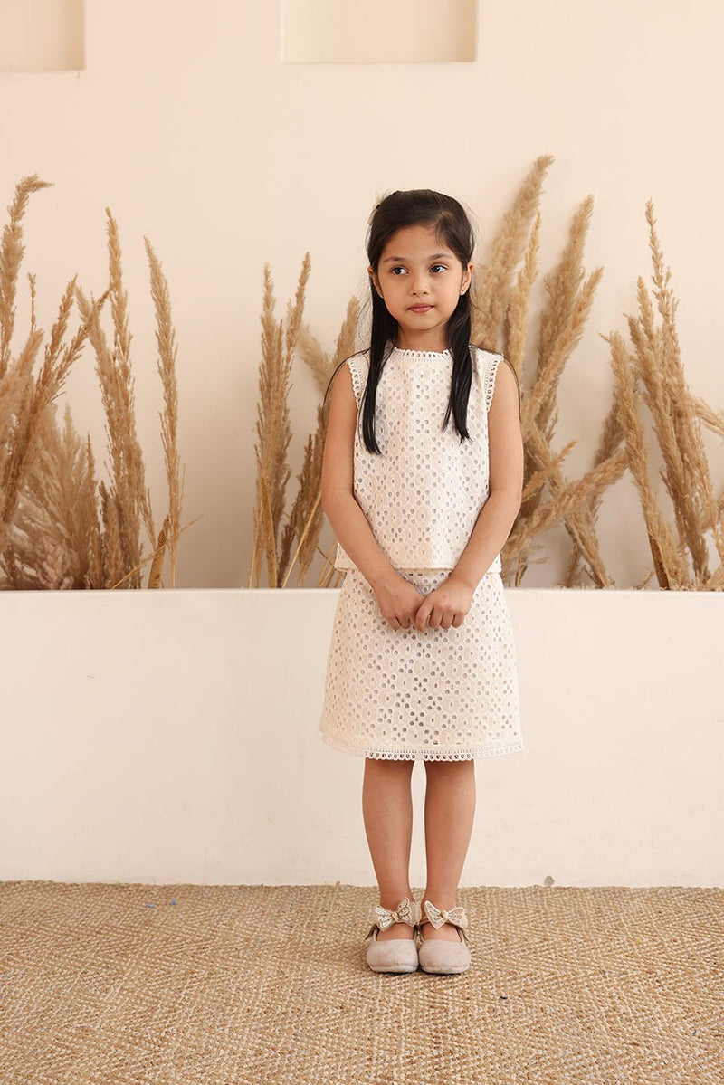Spunkies Girls White Schiffli Cutwork Round Neck Sleeveless Top and Skirt Set
