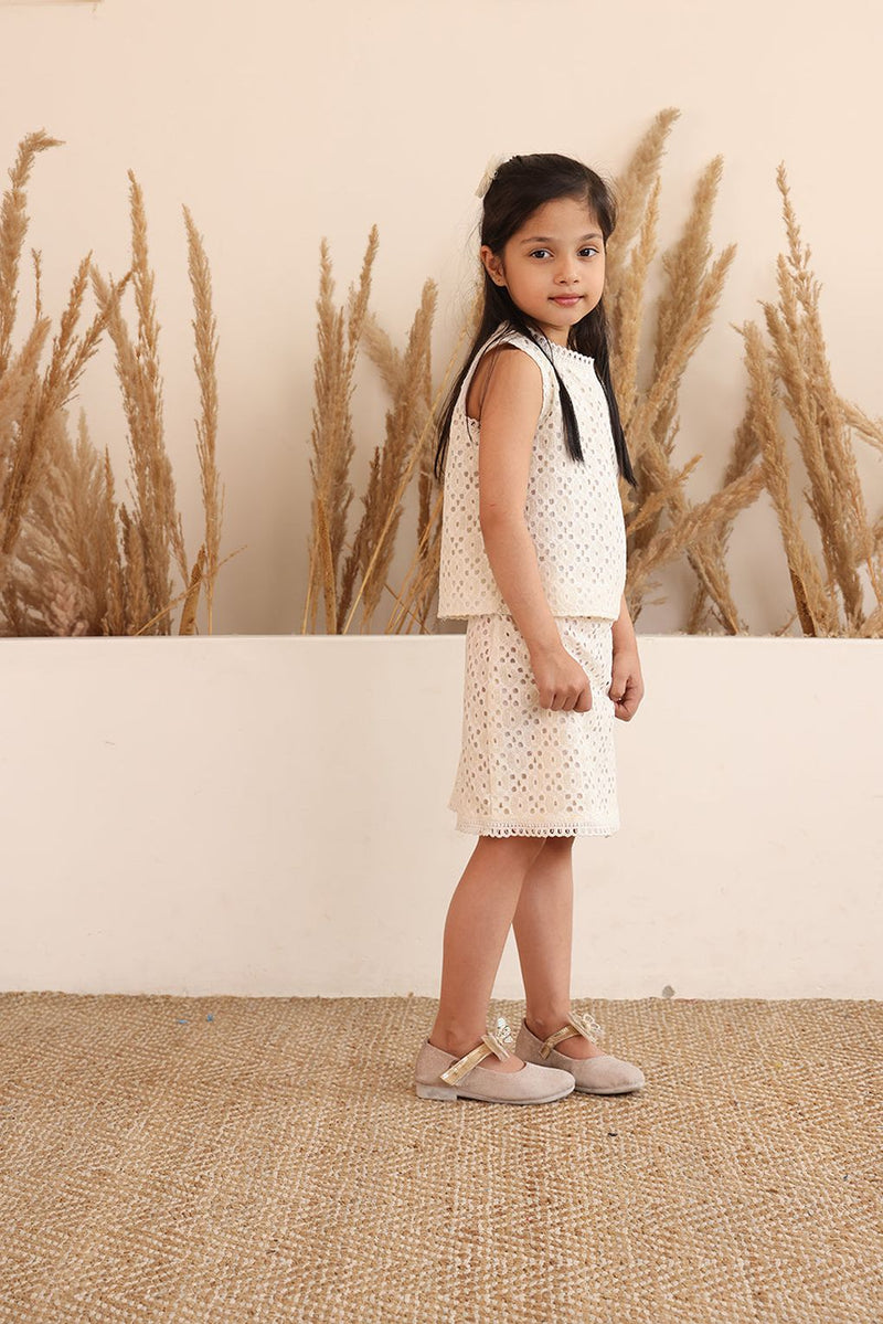 Spunkies Girls White Schiffli Cutwork Round Neck Sleeveless Top and Skirt Set