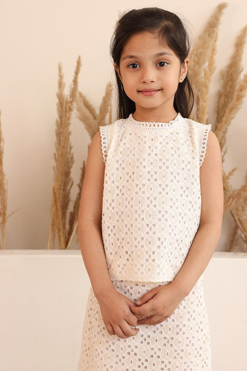 Spunkies Girls White Schiffli Cutwork Round Neck Sleeveless Top and Skirt Set