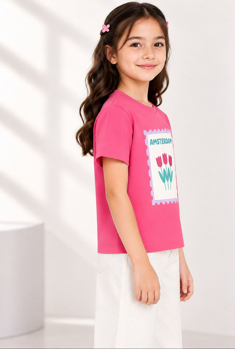 Spunkies Pink Girls Graphic Print Crew Neck Short Sleeves Top