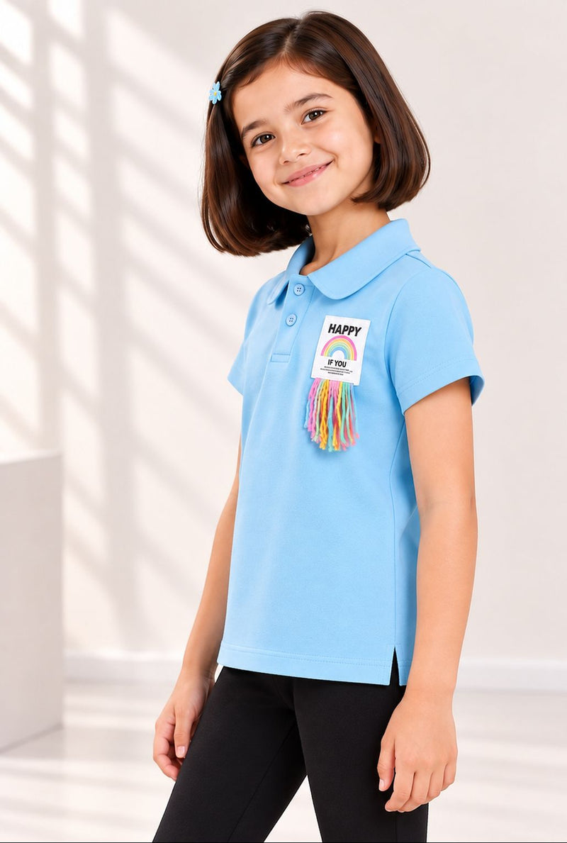 Spunkies Aqua Girls Solid Peter Pan Collar Short Sleeves Polo T-Shirt