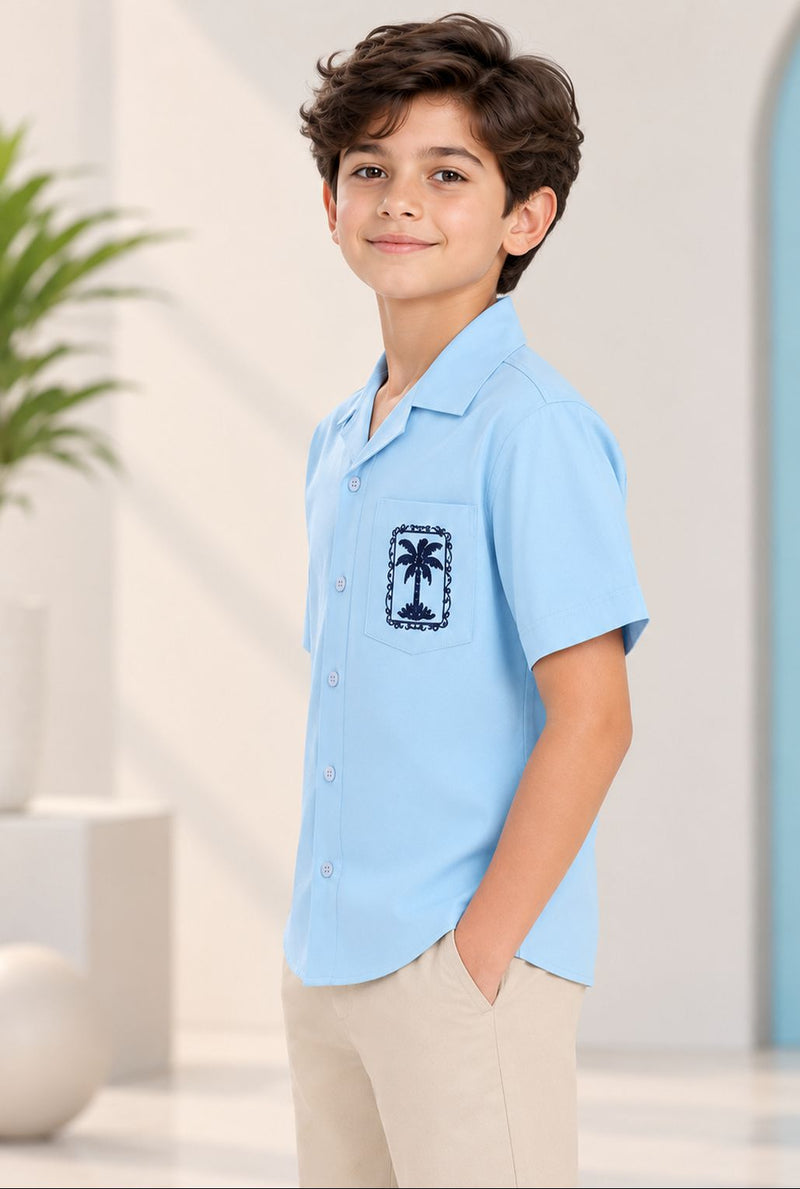 Spunkies Light Blue Boys Graphic Print Cuban Collar Short Sleeves Shirt