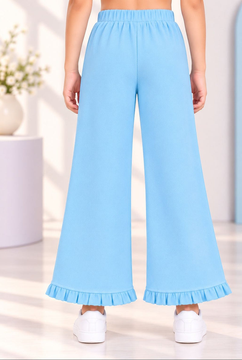 Spunkies Girls Light Blue Solid Elasticated Waist Trousers