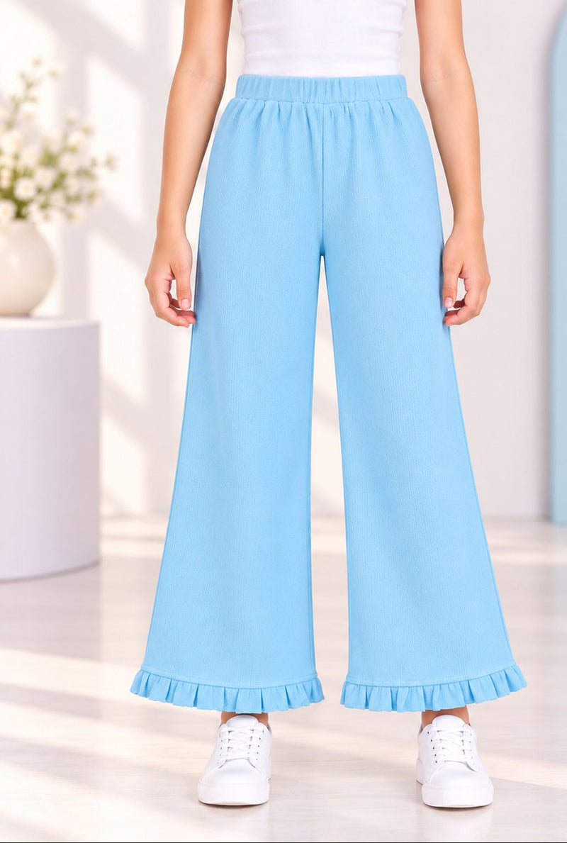 Spunkies Girls Light Blue Solid Elasticated Waist Trousers