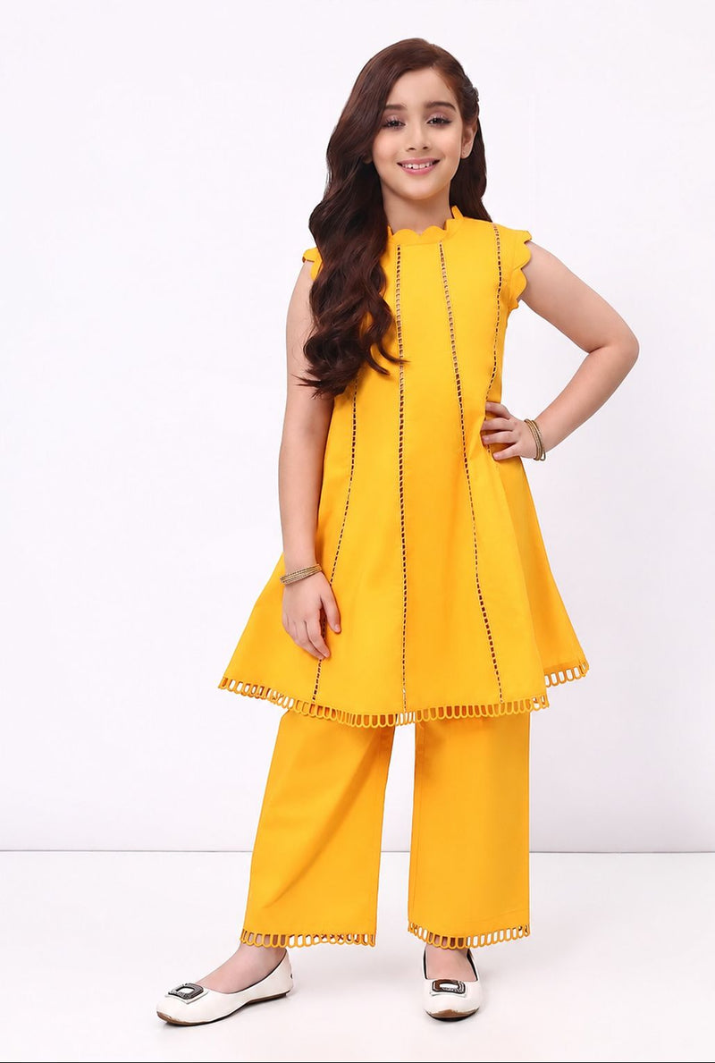 Spunkies Girls Orange Ethnic Sleeveless Kurta with Palazzo Co-ord Set