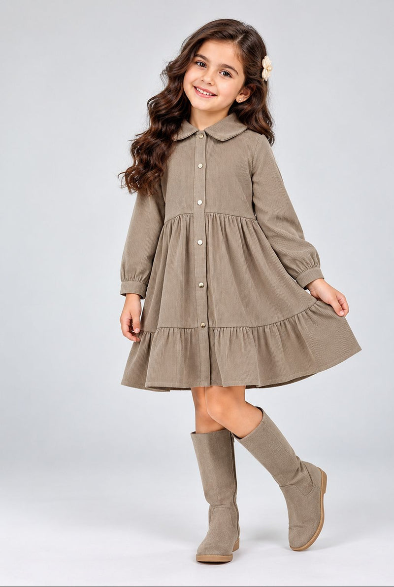 Spunkies Girl's Taupe Corduroy Full Sleeve Tiered Dress