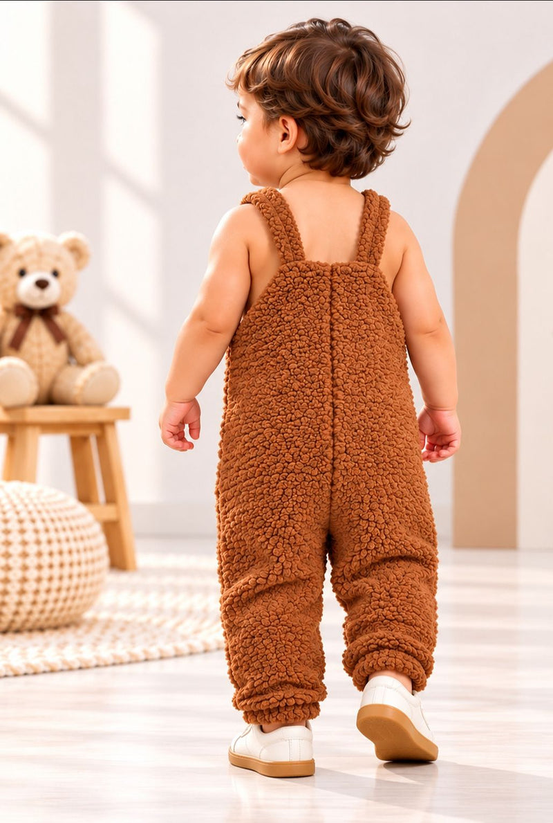 Spunkies Infant Fuzzy Bear Overalls Romper with Ear Detail - Soft & Cozy Animal Outfit