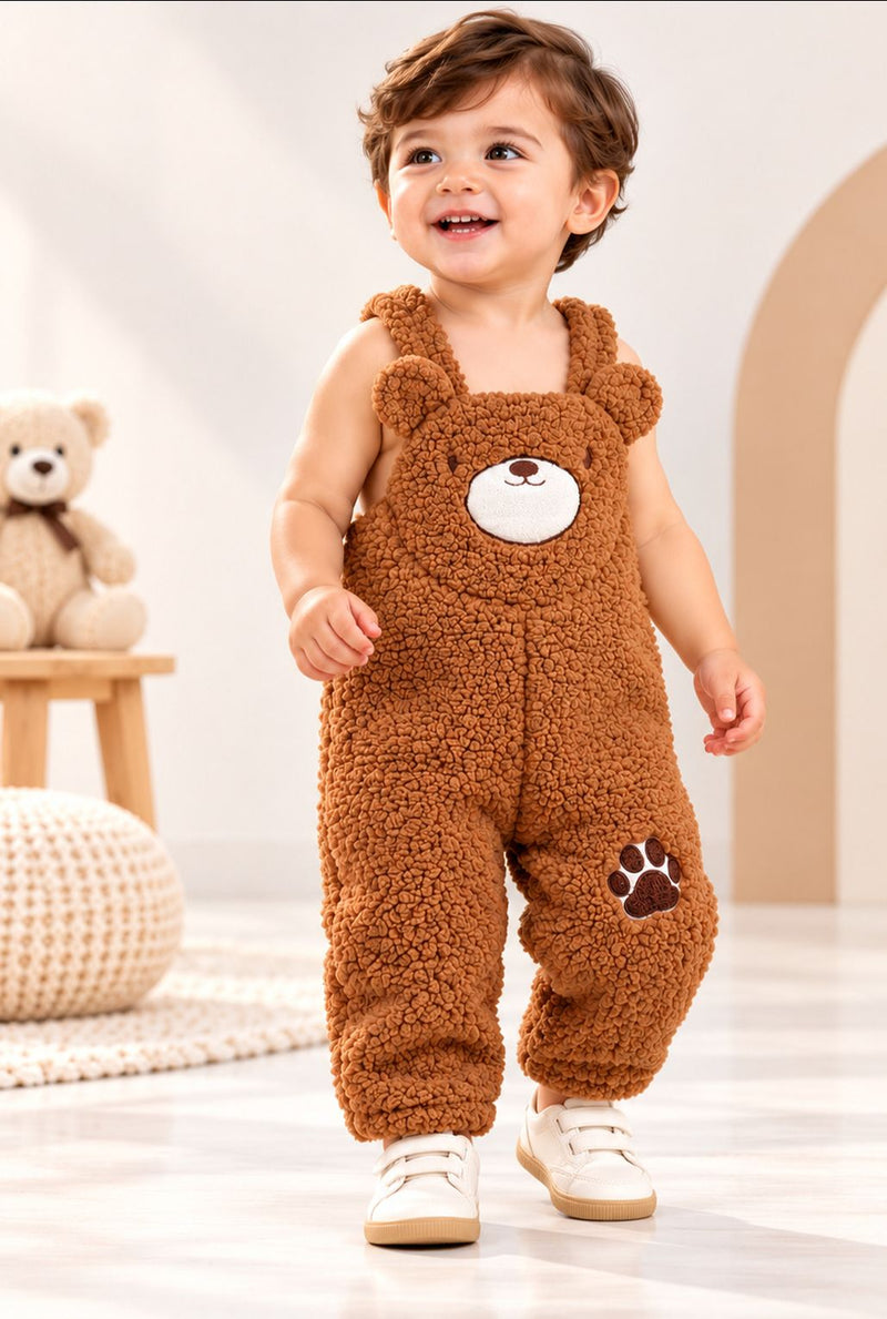 Spunkies Infant Fuzzy Bear Overalls Romper with Ear Detail - Soft & Cozy Animal Outfit