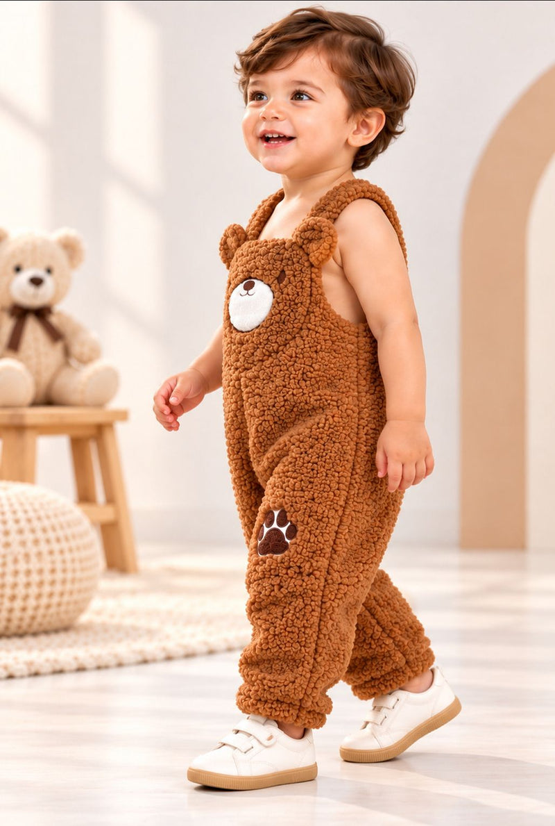 Spunkies Infant Fuzzy Bear Overalls Romper with Ear Detail - Soft & Cozy Animal Outfit
