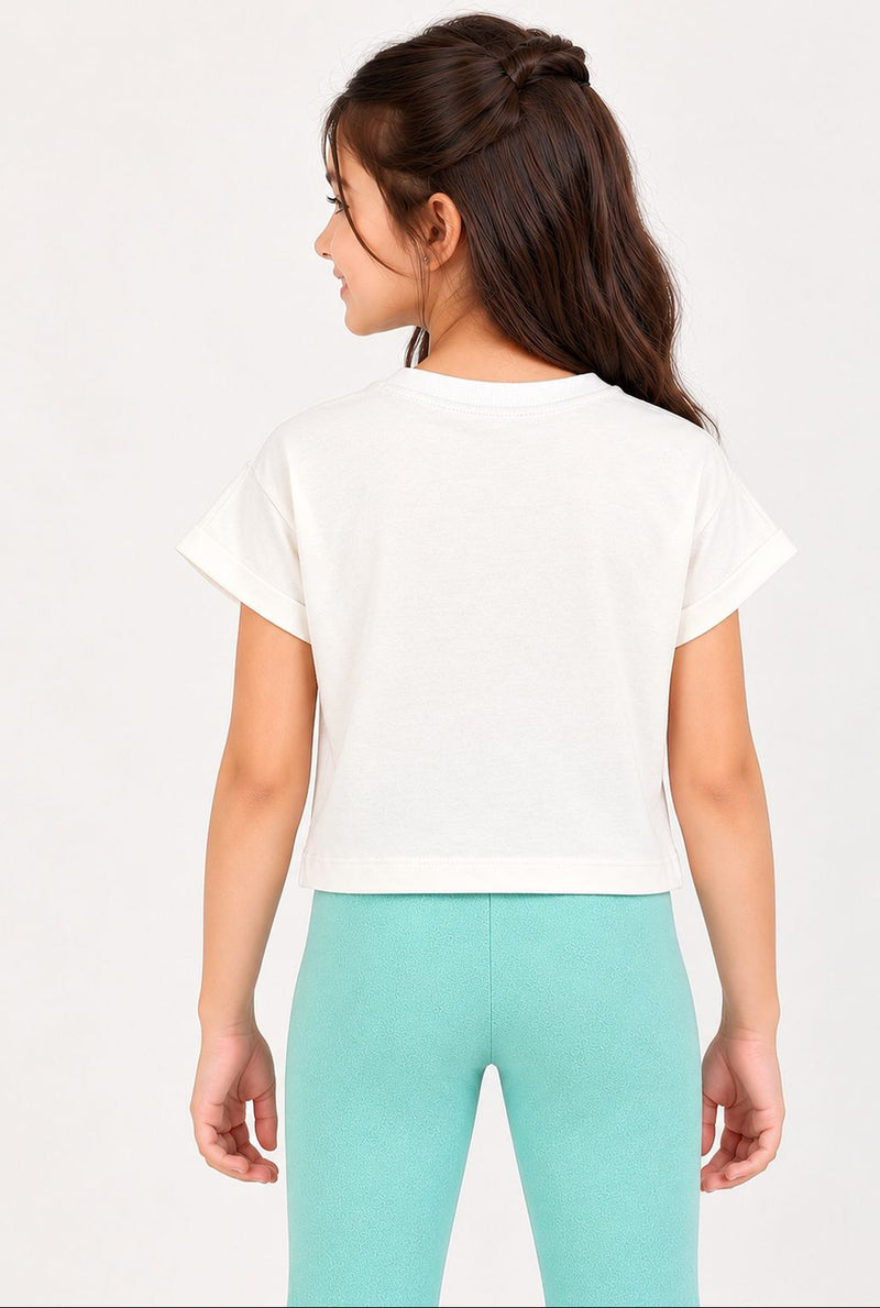 Spunkies White Girls Graphic Print Round Neck Cap Sleeves Top