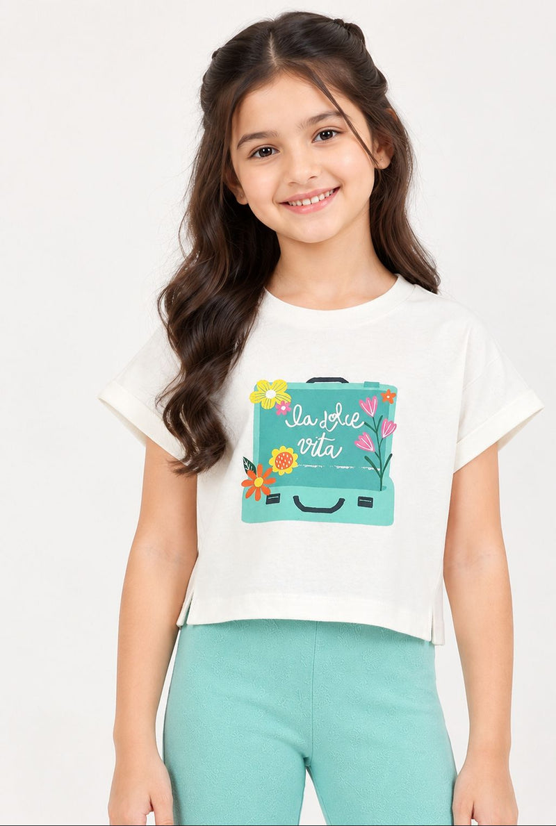 Spunkies White Girls Graphic Print Round Neck Cap Sleeves Top