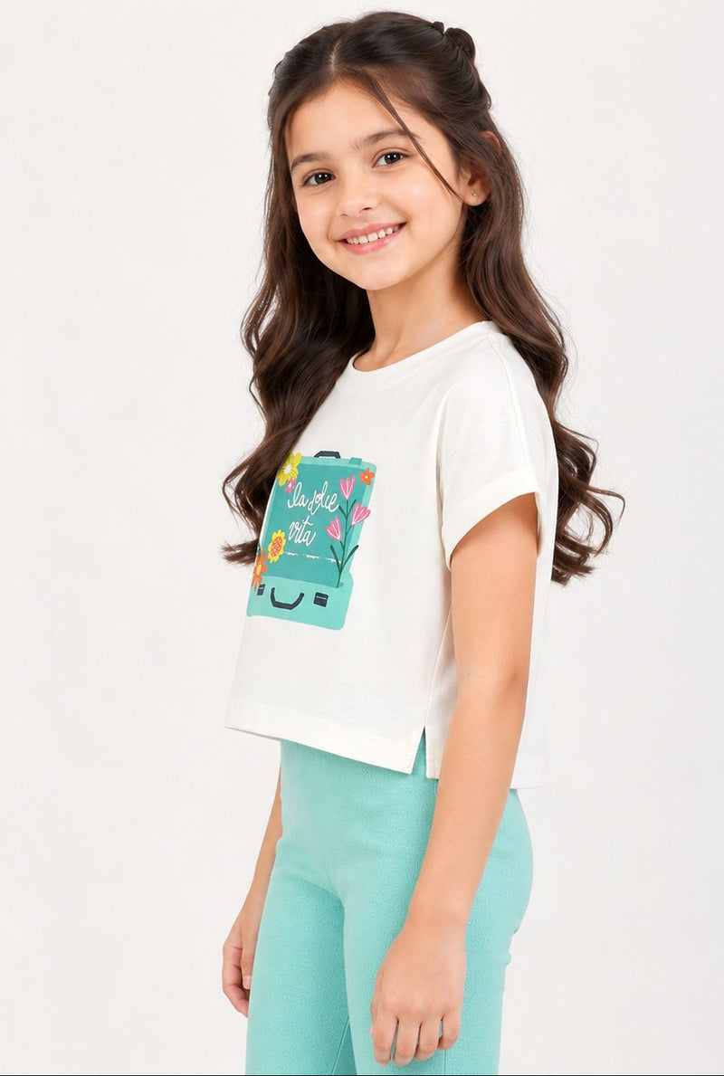 Spunkies White Girls Graphic Print Round Neck Cap Sleeves Top
