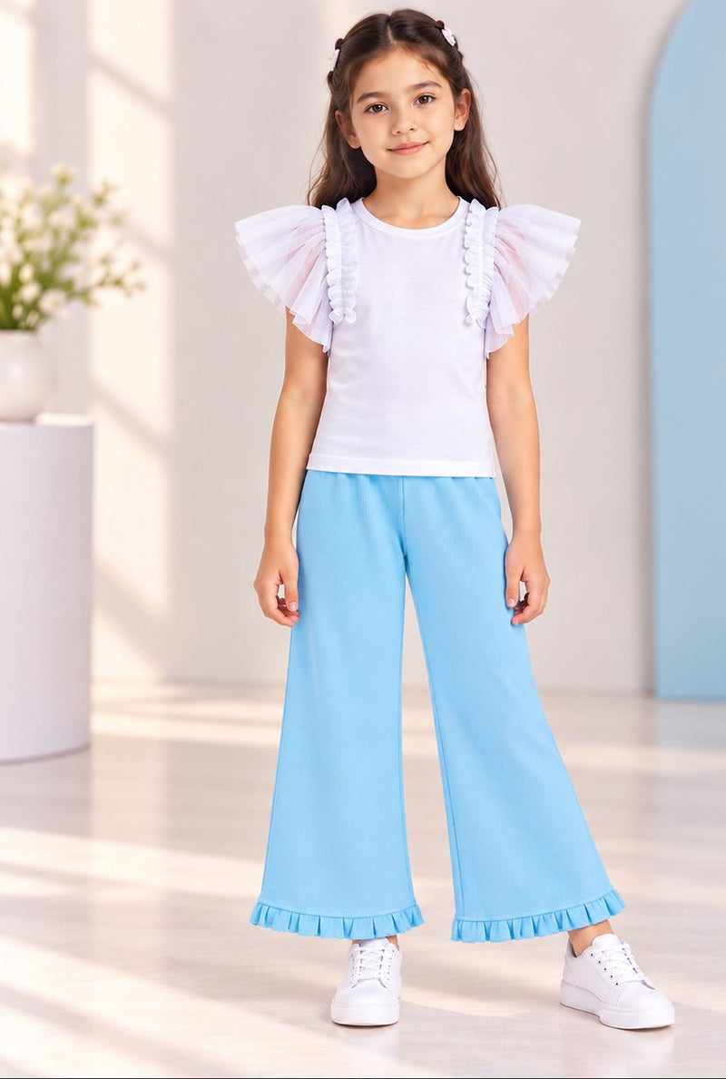 Spunkies Girls Light Blue Solid Elasticated Waist Trousers