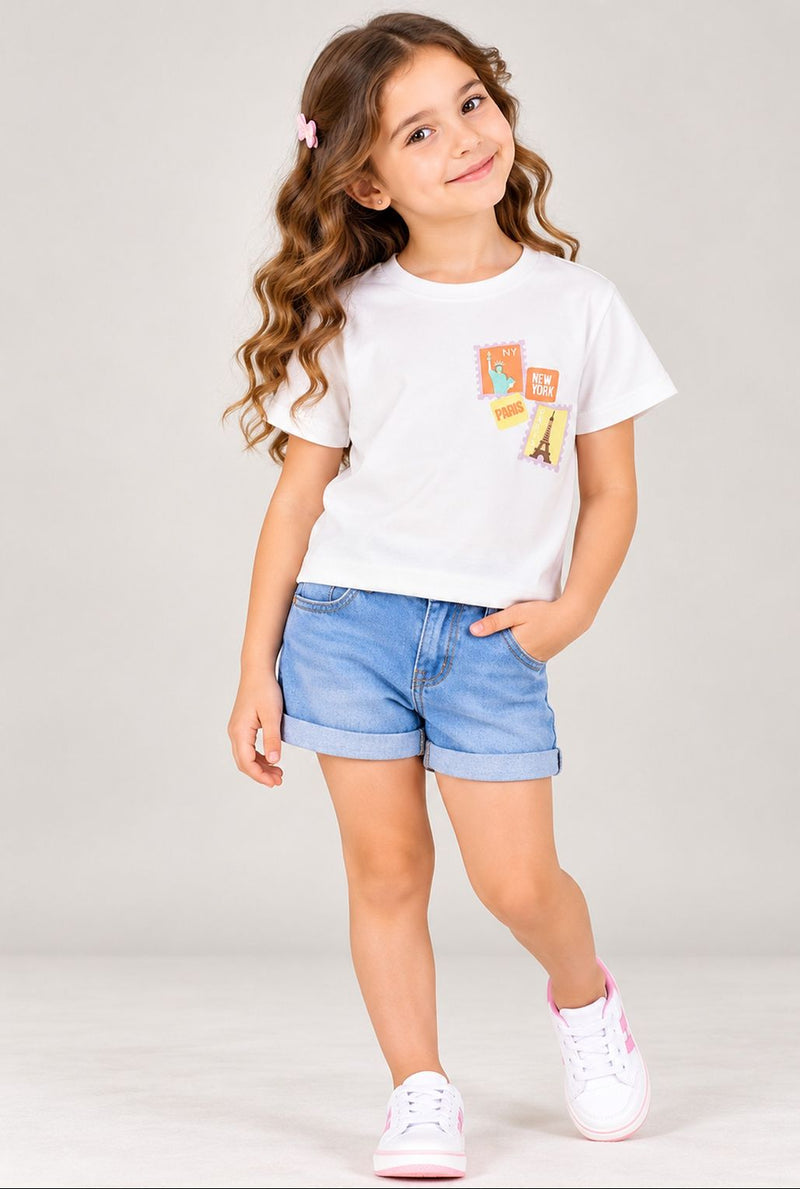 Spunkies White Girls Graphic Print Round Neck Short Sleeves Top